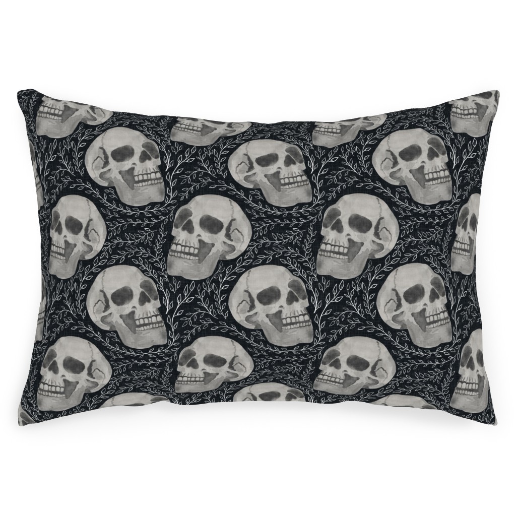 Watercolor Skulls With Flourish - Dark Outdoor Pillow, 14x20, Single Sided, Gray