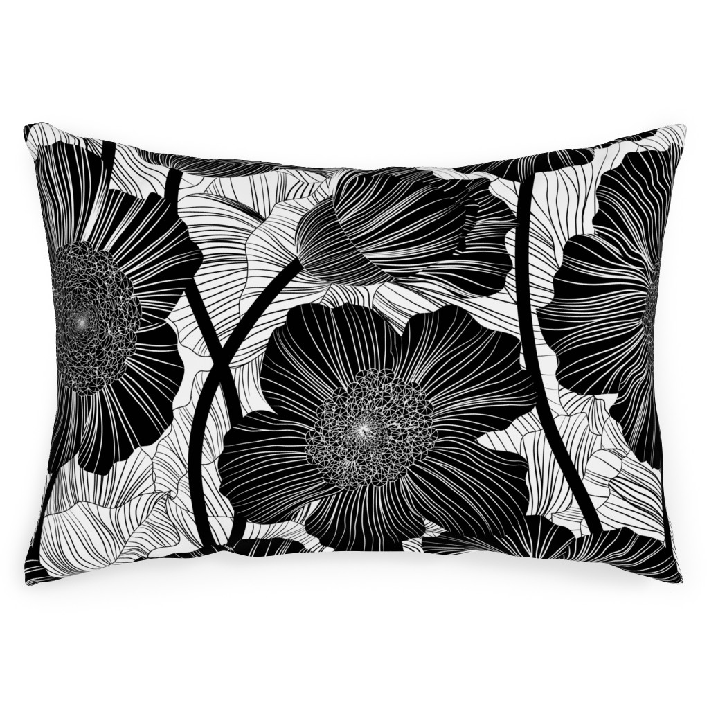 Mid Century Modern Floral - Black and White Outdoor Pillow, 14x20, Single Sided, Black