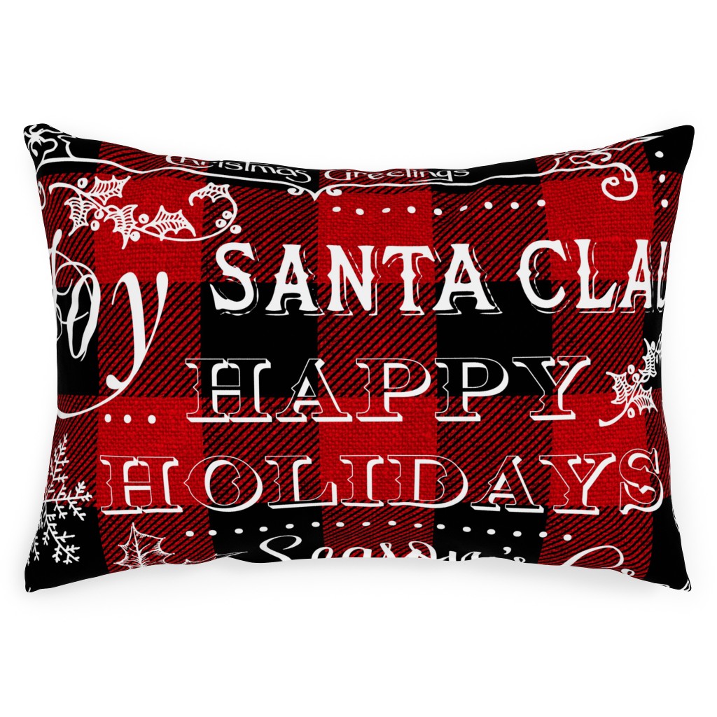 Buffalo Plaid Christmas Typography - Red and Black Outdoor Pillow, 14x20, Single Sided, Red