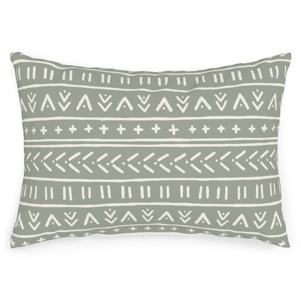 Organic Mudcloth - Bone on Desert Sage Outdoor Pillow, 14x20, Single Sided, Green