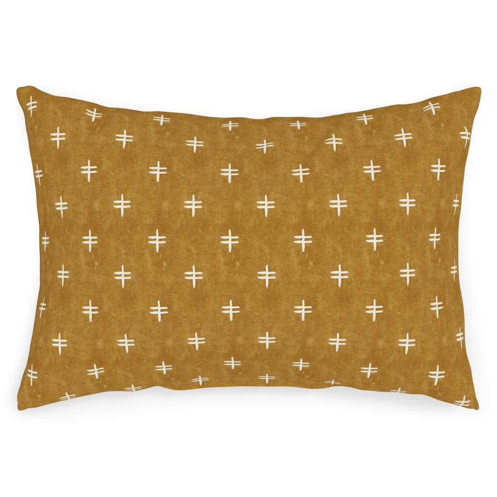 Double Cross Mudcloth Tribal - Mustard Yellow Outdoor Pillow, 14x20, Double Sided, Brown