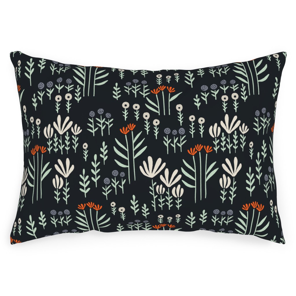 Delicate Floral - Orange and White Outdoor Pillow, 14x20, Double Sided, Black