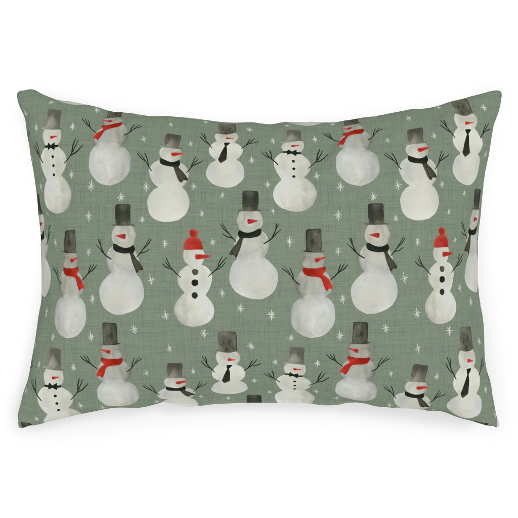 Watercolor Snowmen on Sage Outdoor Pillow, 14x20, Double Sided, Green
