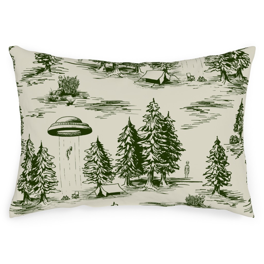 Alien Abduction - Forest Green and Cream Outdoor Pillow, 14x20, Double Sided, Green