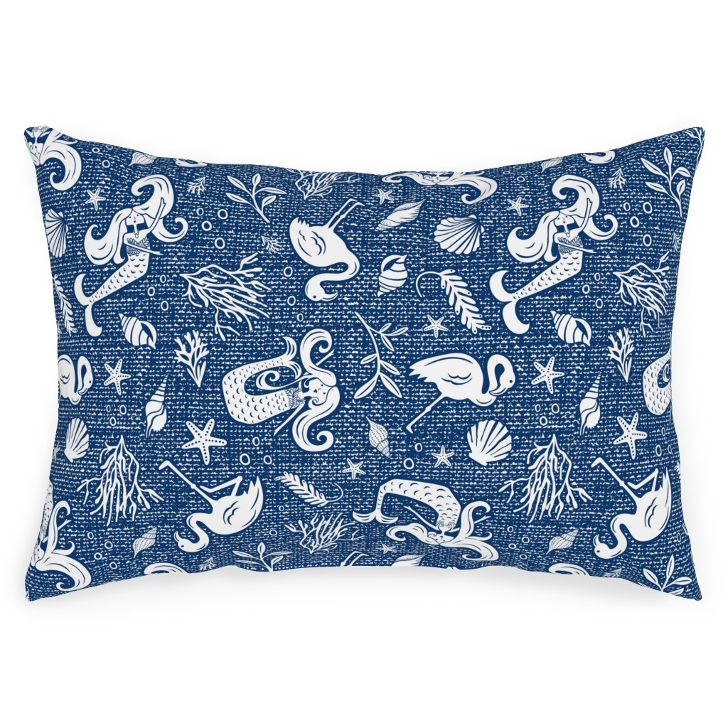 Beachy Keen Mermaid and Flamingo - Blue Outdoor Pillow, 14x20, Double Sided, Blue