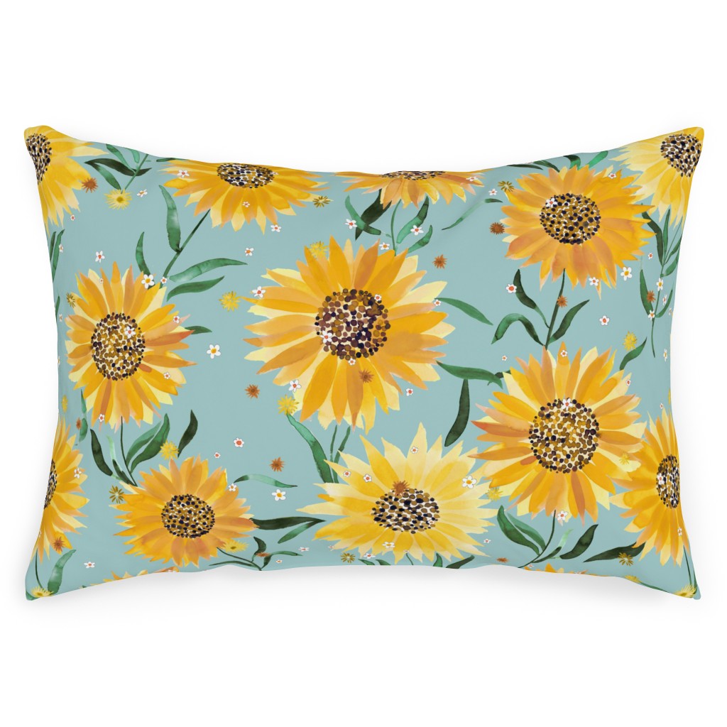 Watercolor Sunflowers - Yellow on Blue Outdoor Pillow, 14x20, Double Sided, Yellow
