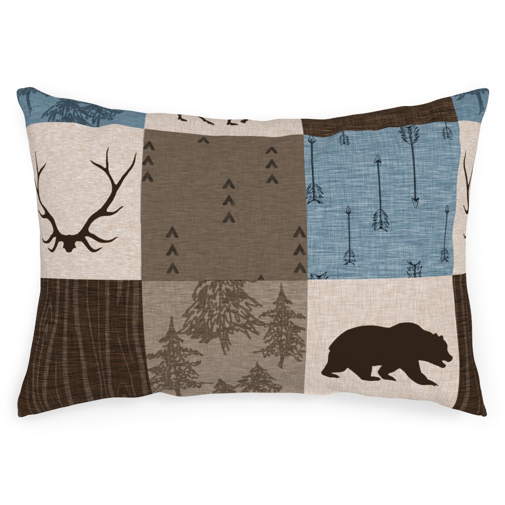 Rustic Woodlands - Blue, Brown and Cream Outdoor Pillow, 14x20, Double Sided, Brown
