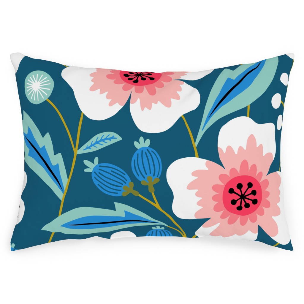Colorful Spring Flowers - Pink on Blue Outdoor Pillow, 14x20, Double Sided, Green
