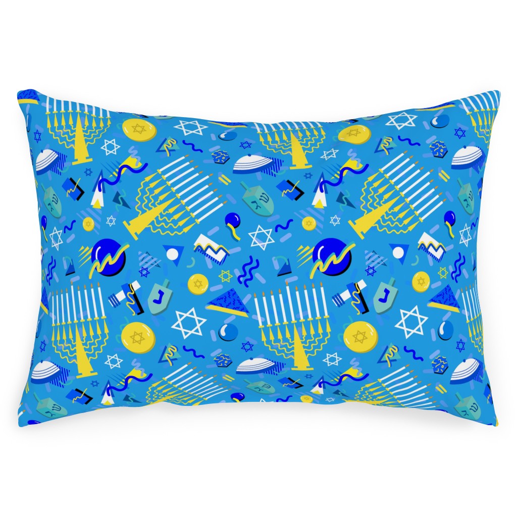 80s Hanukkah Celebration - Blue Outdoor Pillow, 14x20, Double Sided, Blue