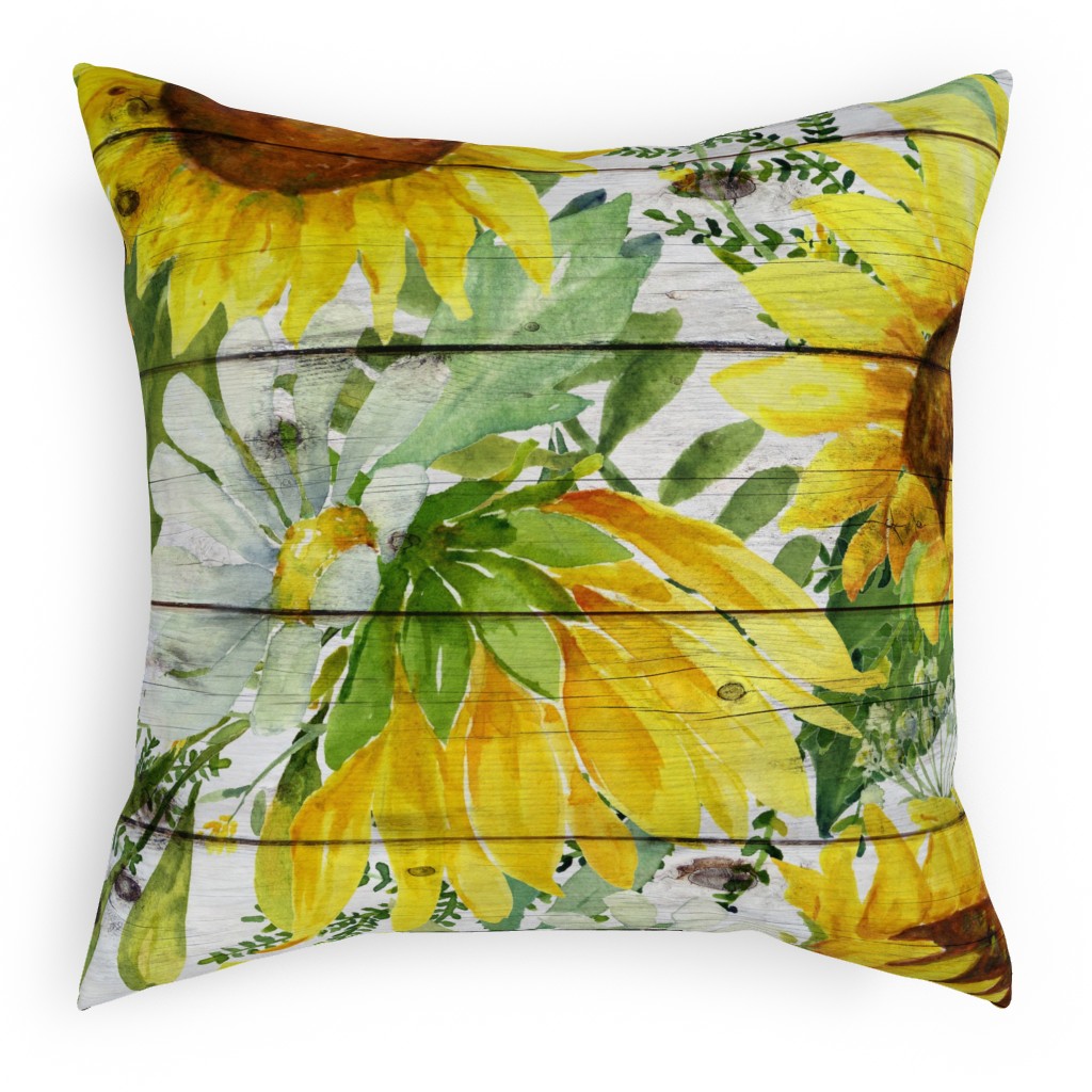 Watercolor Sunflowers and Daisies - Multi Outdoor Pillow, 18x18, Single Sided, Multicolor