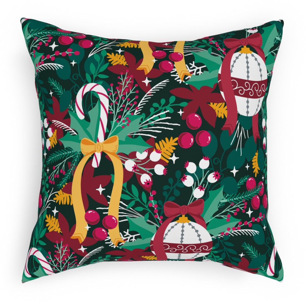 Christmas Tree Ornaments and Candy Candy - Multi Outdoor Pillow, 18x18, Single Sided, Multicolor