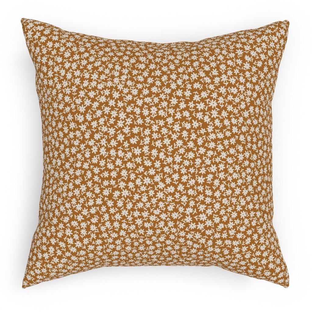 Ditsy Floral - Cream on Golden Mustard Brown Outdoor Pillow, 18x18, Single Sided, Brown