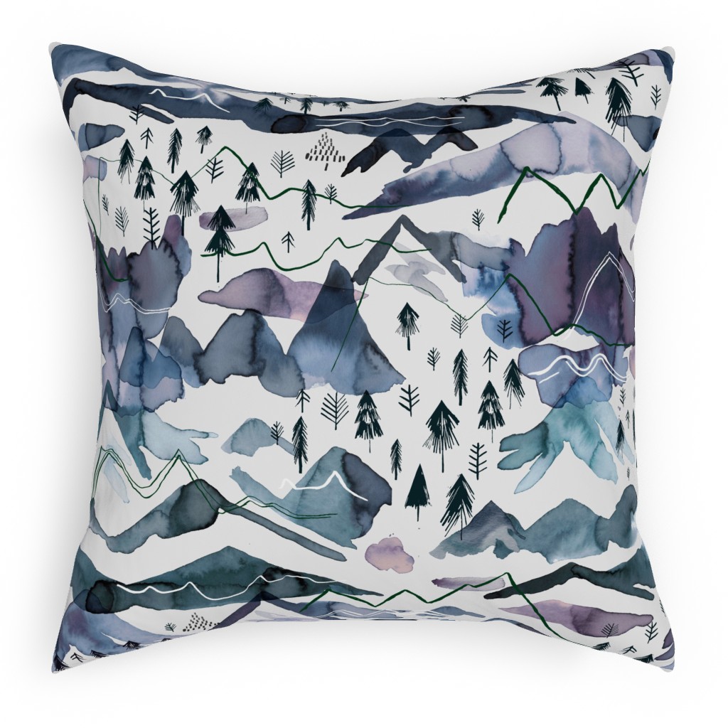 Watercolor Mountains Landscape - Blue Outdoor Pillow, 18x18, Single Sided, Blue