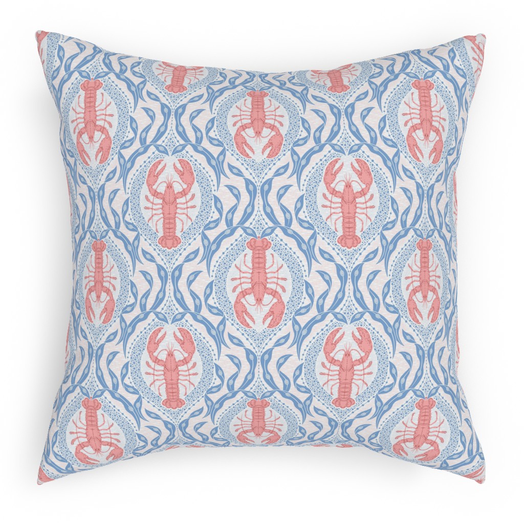 Lobster and Seaweed Nautical Damask - White, Coral Pink and Cornflower Blue Outdoor Pillow, 18x18, Single Sided, Blue