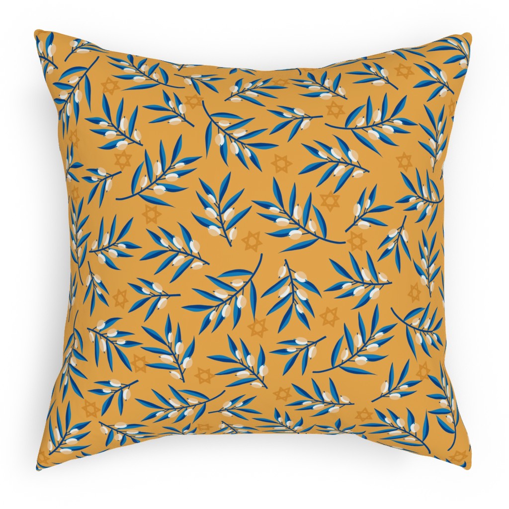 Olive Branches Hanukkah - Blue on Yellow Outdoor Pillow, 18x18, Single Sided, Yellow