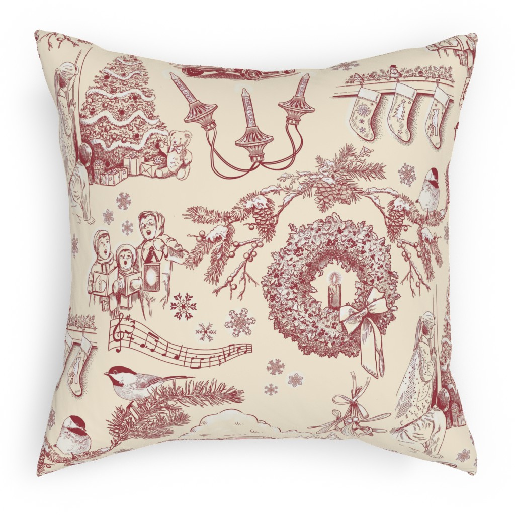 Holiday Traditions Toile - Red on Cream Outdoor Pillow, 18x18, Single Sided, Red