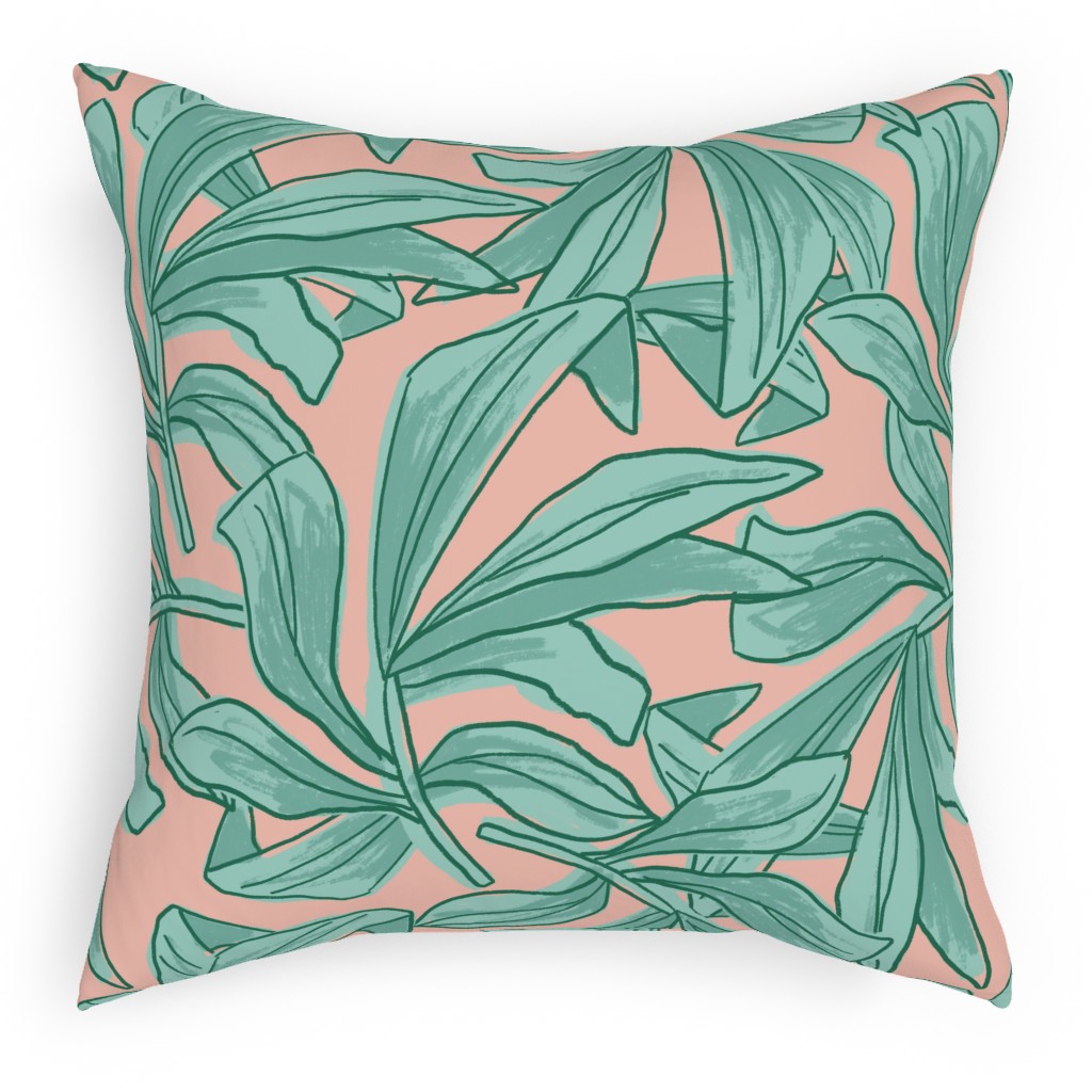 Lush Tropical Leaves - Pink and Mint Outdoor Pillow, 18x18, Single Sided, Green