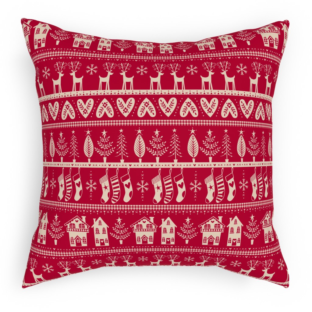 Vintage Nordic Christmas Outdoor Pillow, 18x18, Single Sided, Red