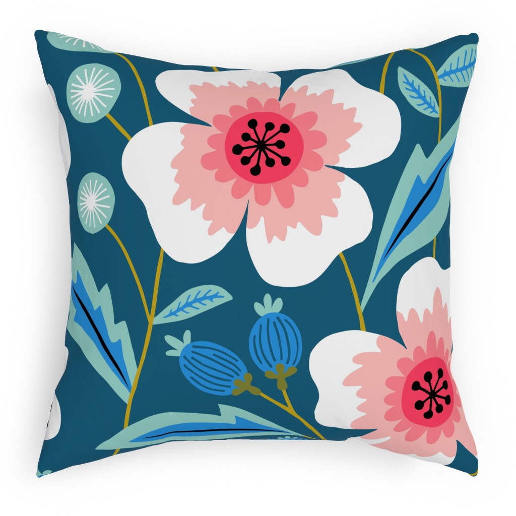 Colorful Spring Flowers - Pink on Blue Outdoor Pillow, 18x18, Single Sided, Green