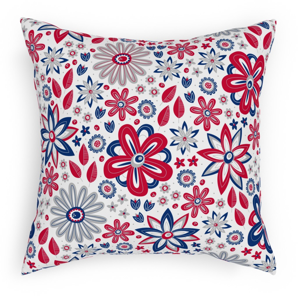 Bohemian Fields - Red, White and Blue Outdoor Pillow, 18x18, Single Sided, Red