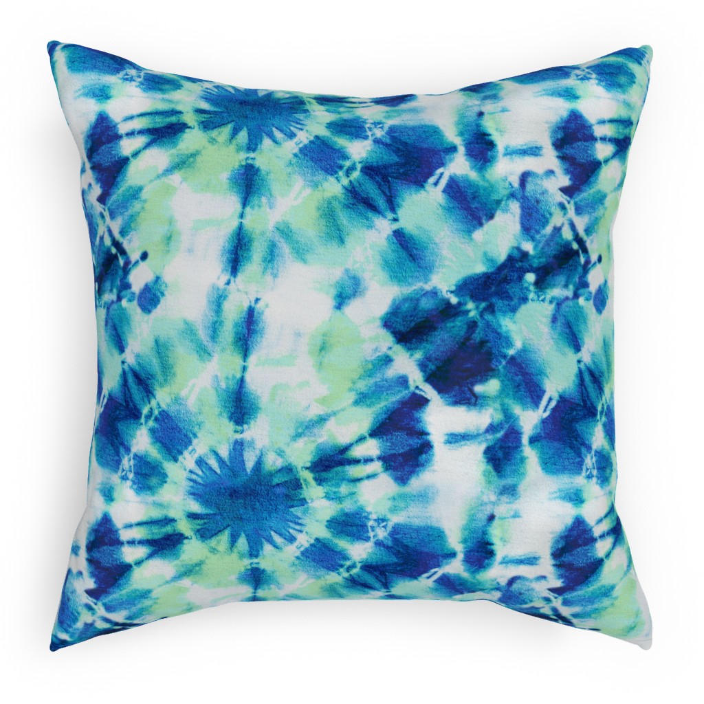 Tie Dye Ink Splat Indigo and Green Outdoor Pillow, 18x18, Single Sided, Blue
