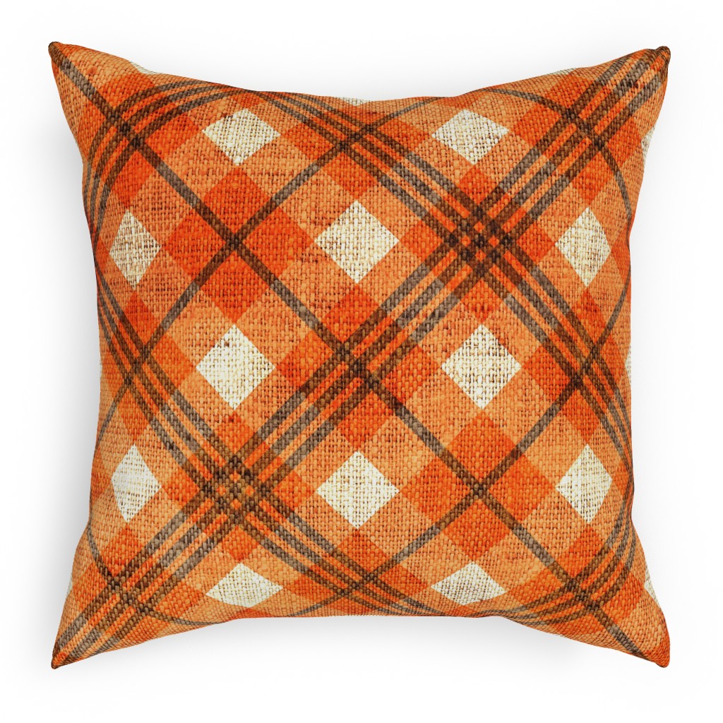 Burlap Plaid - Orange and Grey Outdoor Pillow, 18x18, Double Sided, Orange