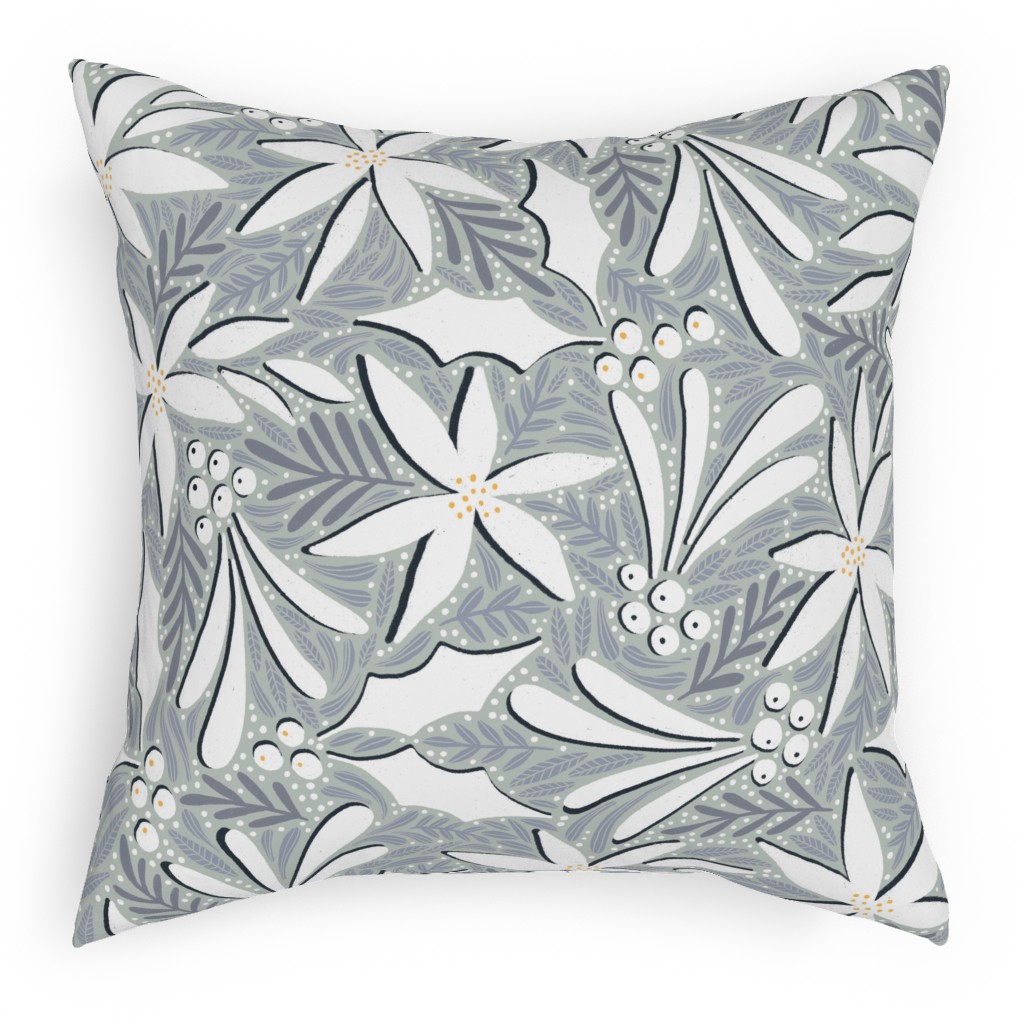 Poinsettia, Holly, & Mistletoe - White & Grey Outdoor Pillow, 18x18, Double Sided, Gray
