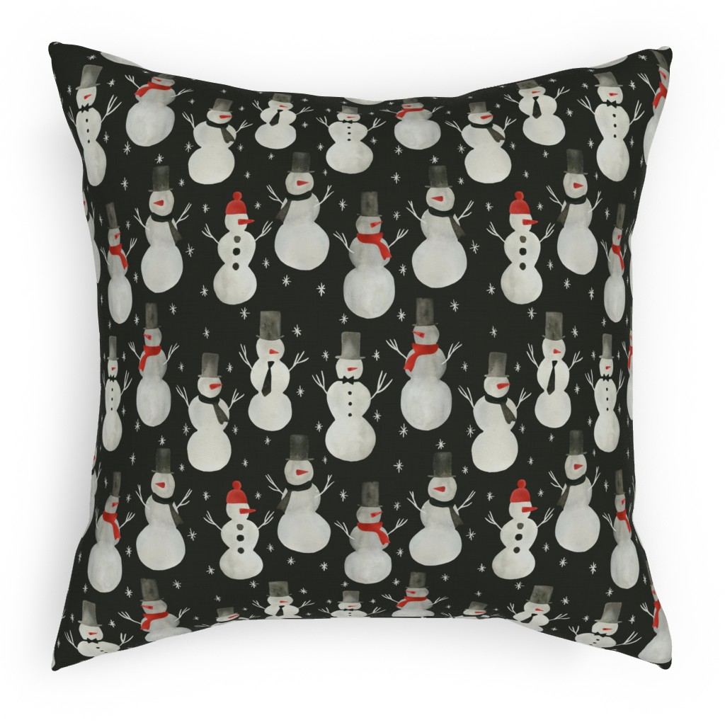 Watercolor Snowmen Outdoor Pillow, 18x18, Double Sided, Black
