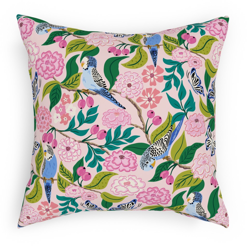 Budgies and Butterflies Pink and Green Outdoor Pillow Shutterfly