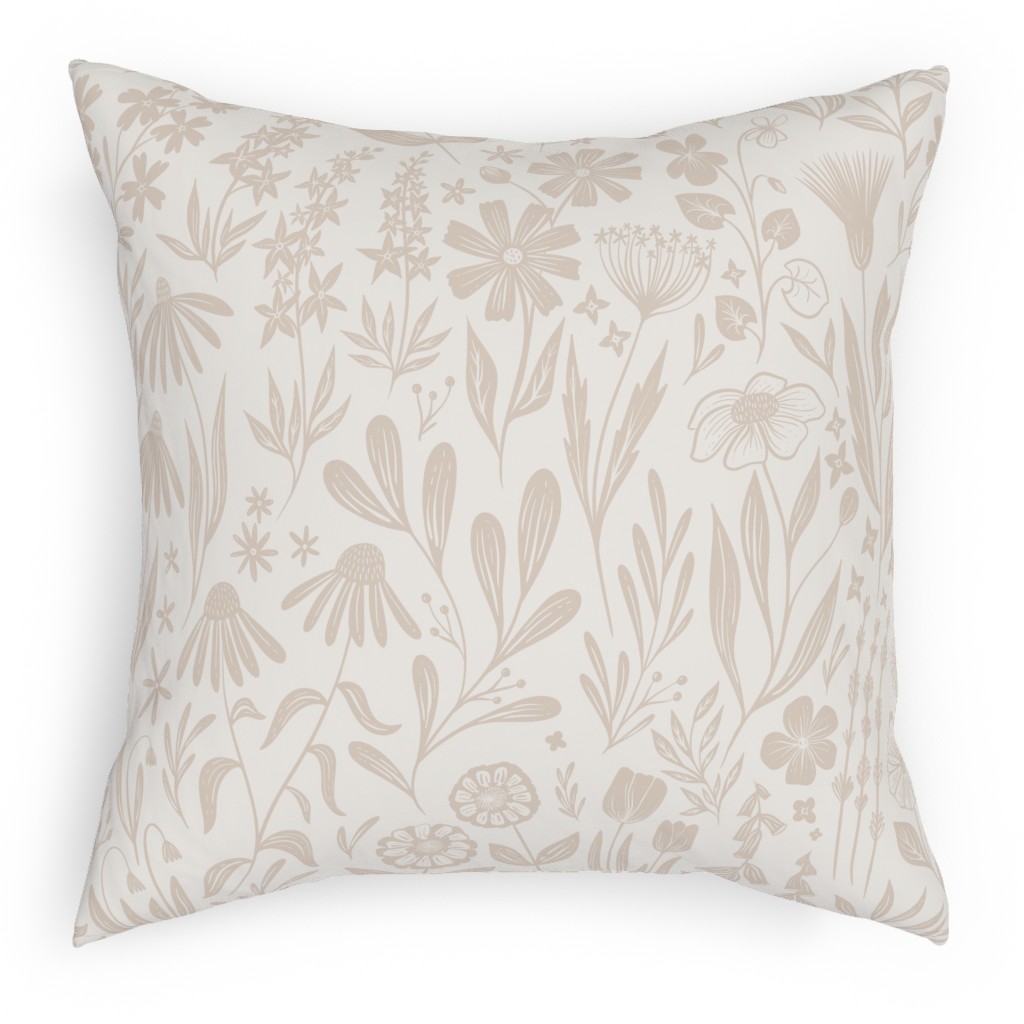 Wildflowers - Tan and Cream Outdoor Pillow, 18x18, Double Sided, Beige