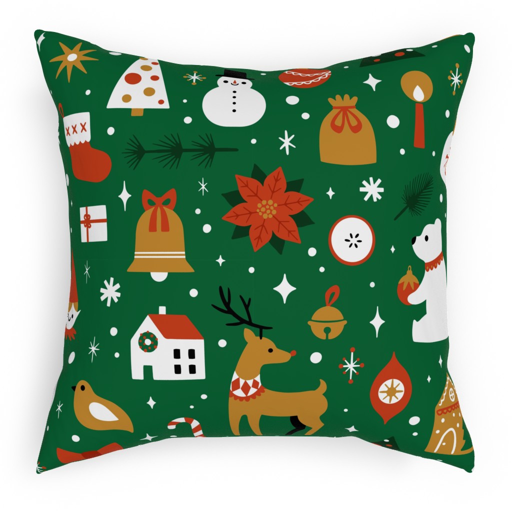 Traditional Christmas - Green Outdoor Pillow, 18x18, Double Sided, Multicolor