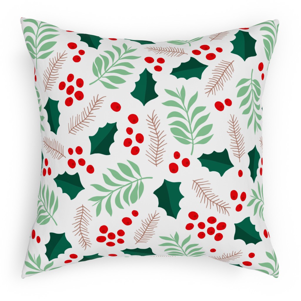 Botanical Christmas Garden Pine Leaves Holly Branch Berries - Green and Red Outdoor Pillow, 18x18, Double Sided, Green