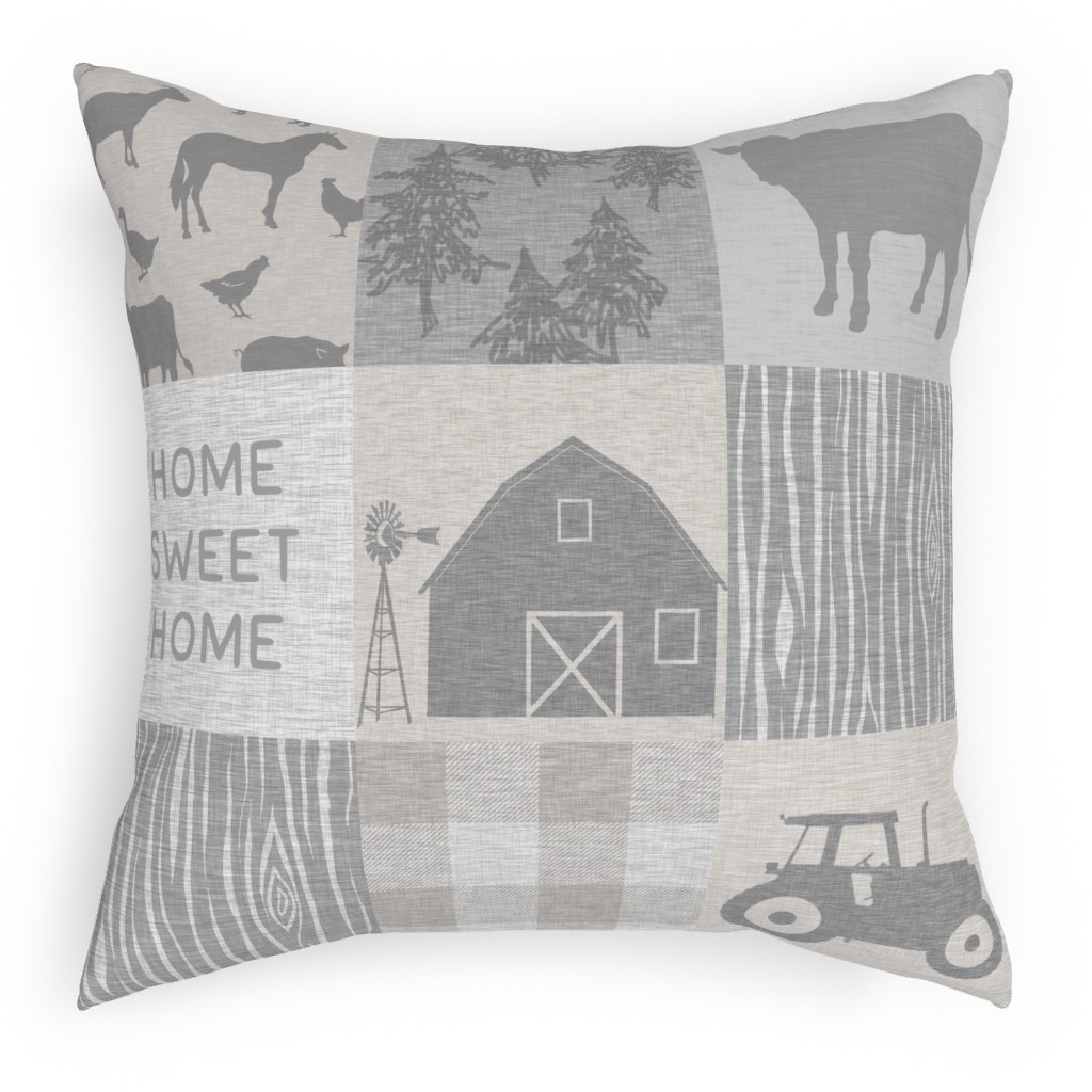 Home Sweet Home Farm - Grey and Cream Outdoor Pillow, 18x18, Double Sided, Gray