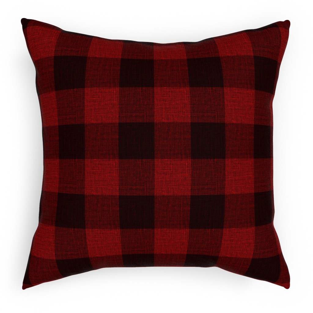 Linen Look Gingham Lumberjack - Red, Black Outdoor Pillow, 18x18, Double Sided, Red