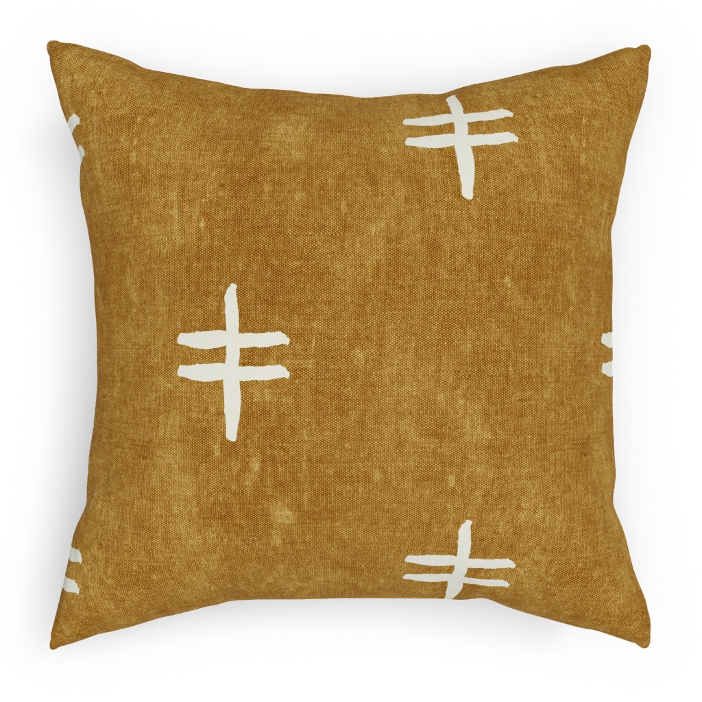 Double Cross Mudcloth Tribal - Mustard Outdoor Pillow, 18x18, Double Sided, Brown