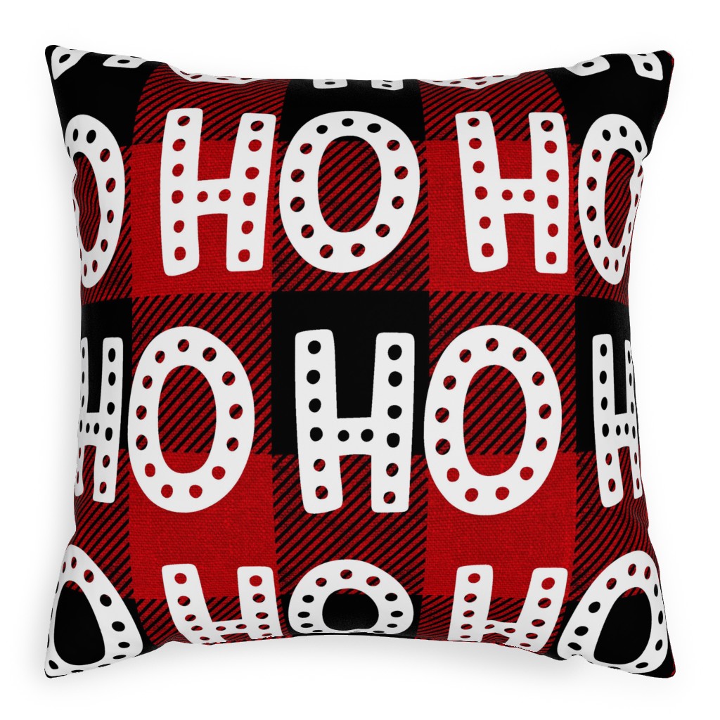 Buffalo Plaid Ho Ho Ho - Red and Black Outdoor Pillow, 20x20, Single Sided, Red