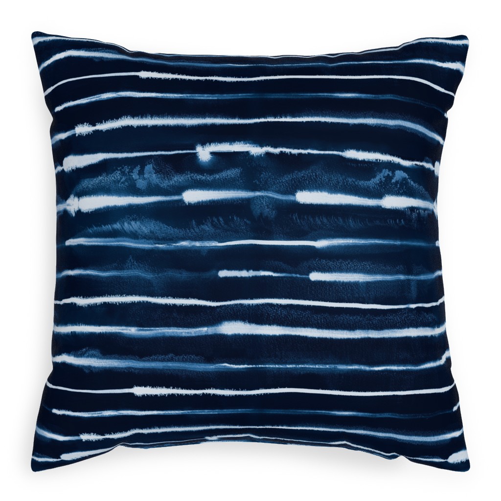 Ikat Watercolor Stripes - Navy Outdoor Pillow, 20x20, Single Sided, Blue