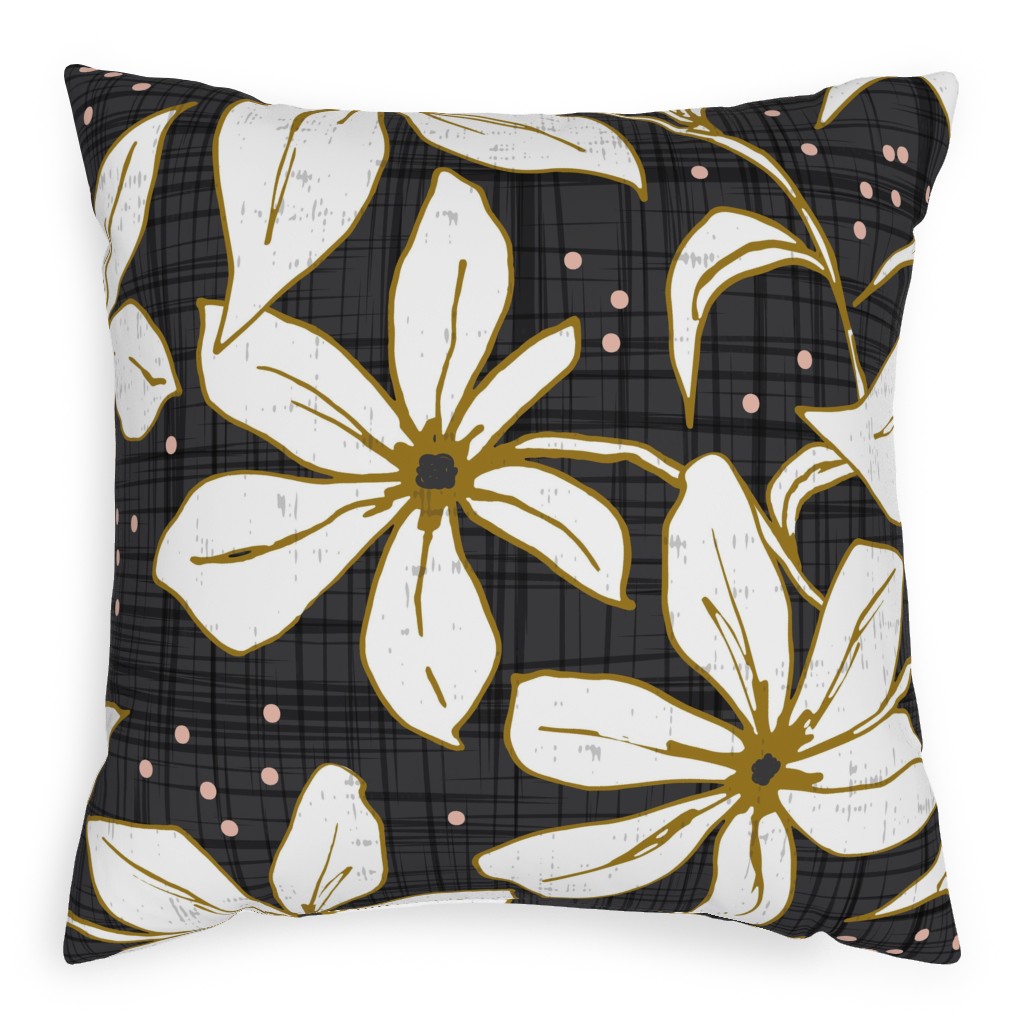 Lilium - Floral - Charcoal Black & White Outdoor Pillow, 20x20, Single Sided, Black