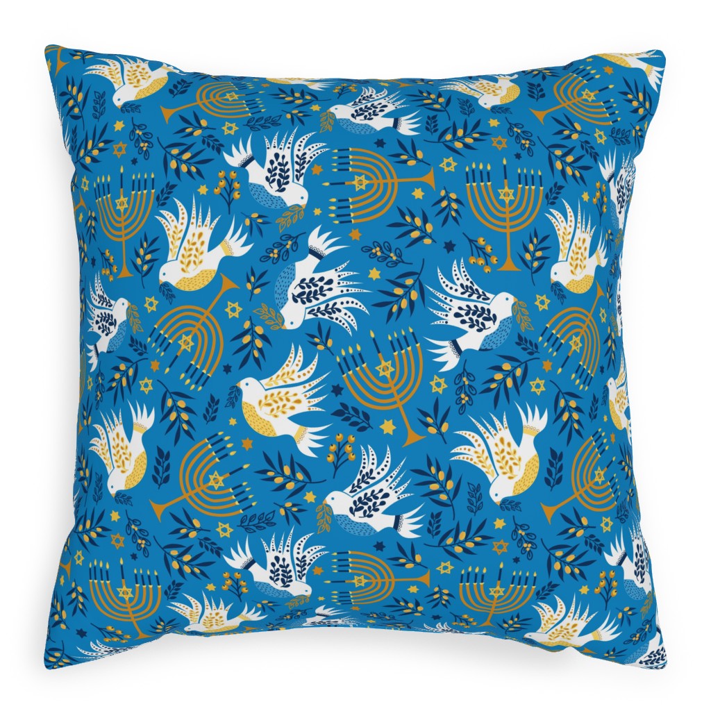 Hanukkah Birds Menorahs - Light Blue Outdoor Pillow, 20x20, Single Sided, Blue