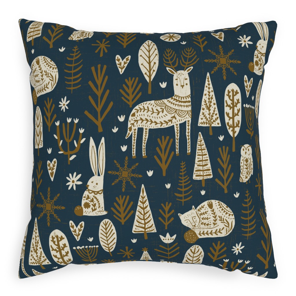 Scandi Snowflake Holiday - Prussian Blue With Pecan and Vanilla Outdoor Pillow, 20x20, Single Sided, Blue