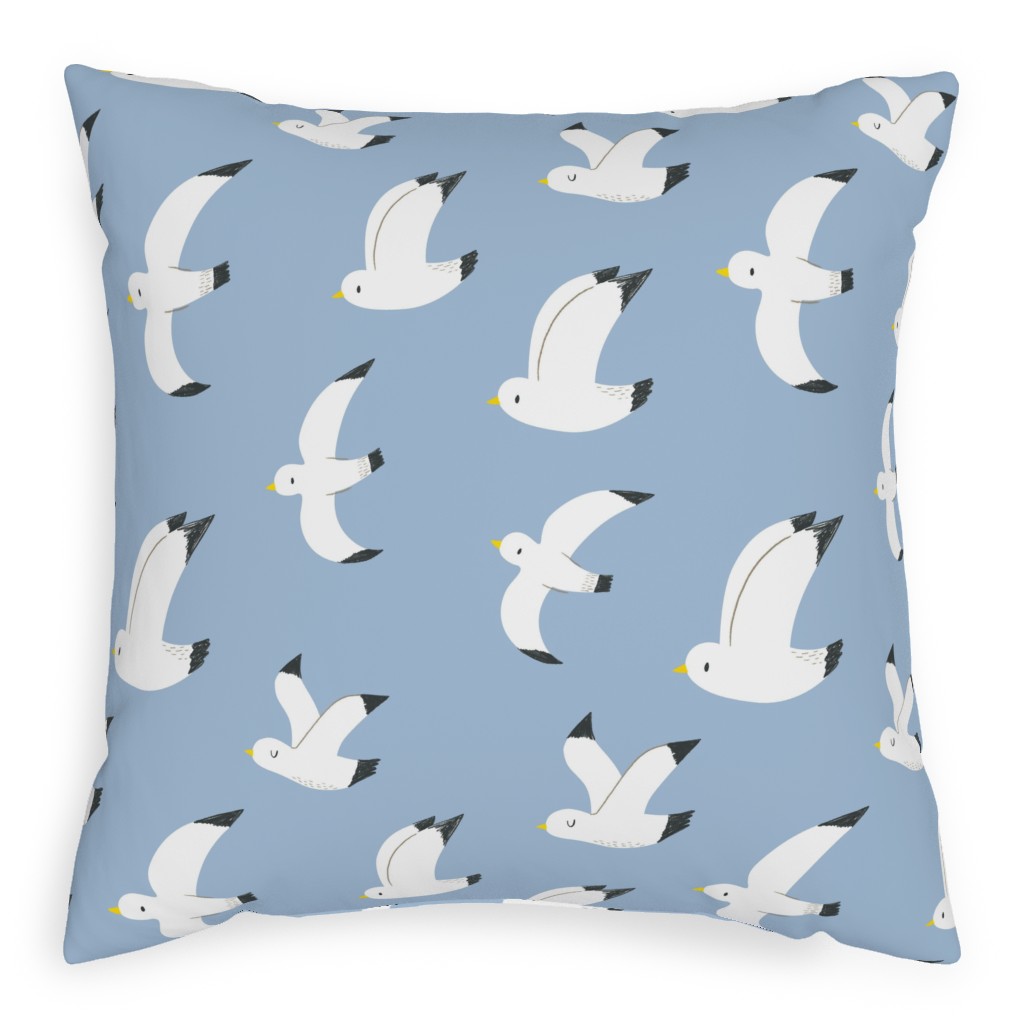 Seagulls in Flight - White on Blue Outdoor Pillow, 20x20, Single Sided, Blue
