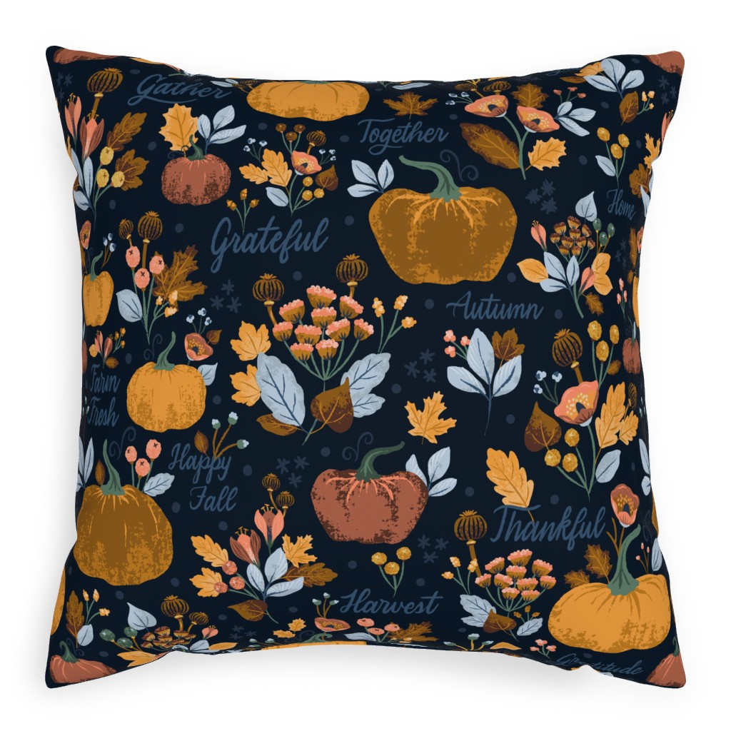 Elegant Fall Floral Harvest - Navy Outdoor Pillow, 20x20, Single Sided, Orange