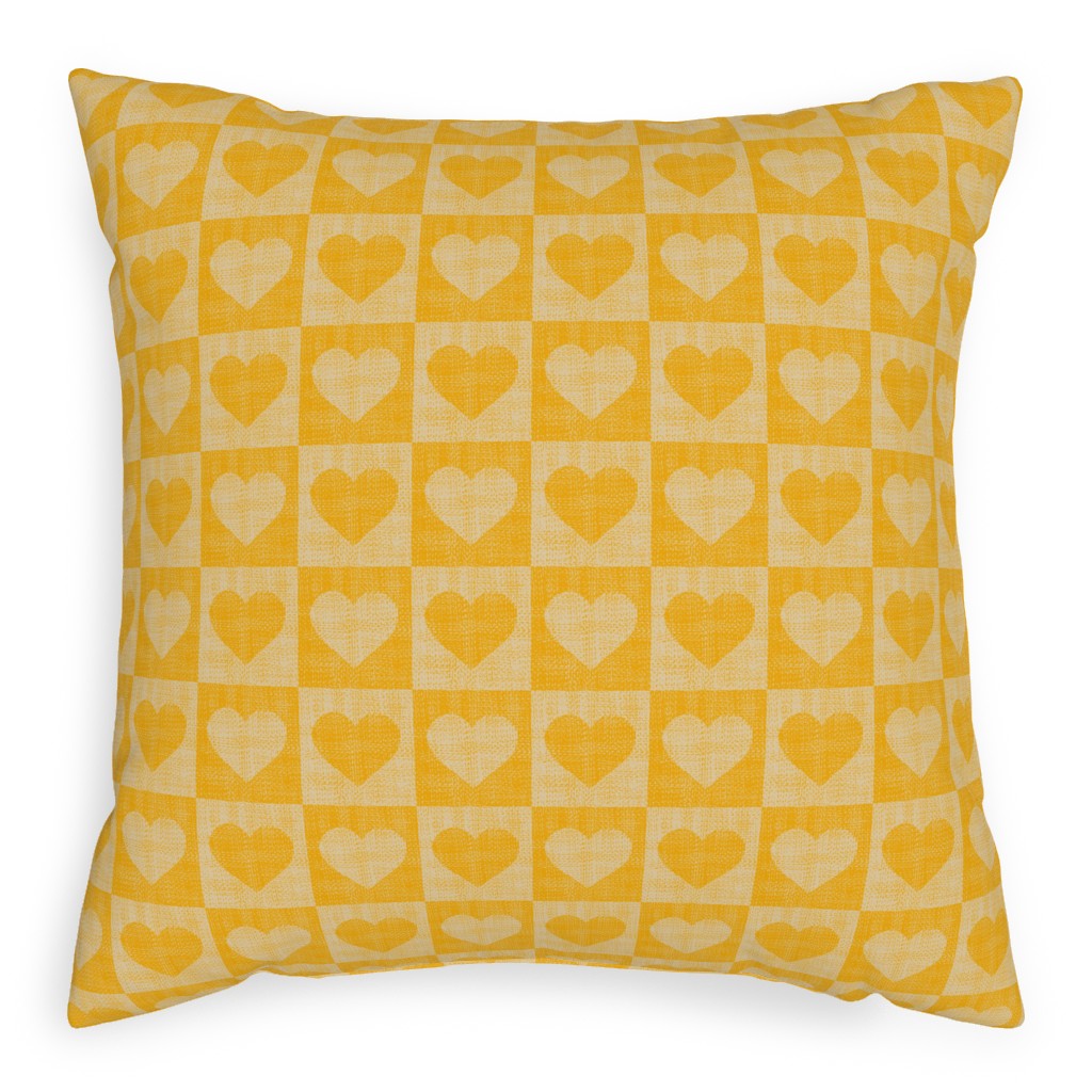 Love Hearts Check - Yellow Outdoor Pillow, 20x20, Single Sided, Yellow