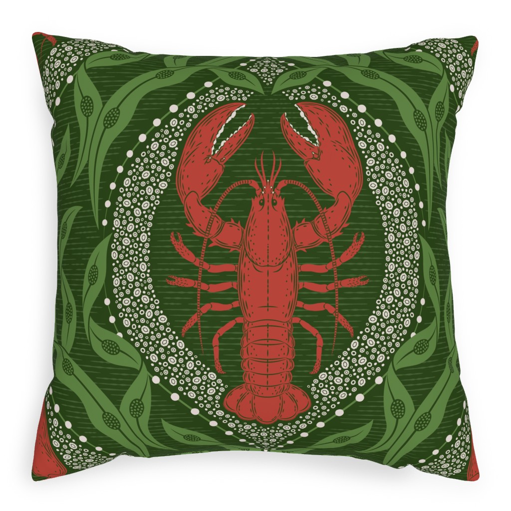 Lobster and Seaweed Nautical Damask Outdoor Pillow, 20x20, Single Sided, Green