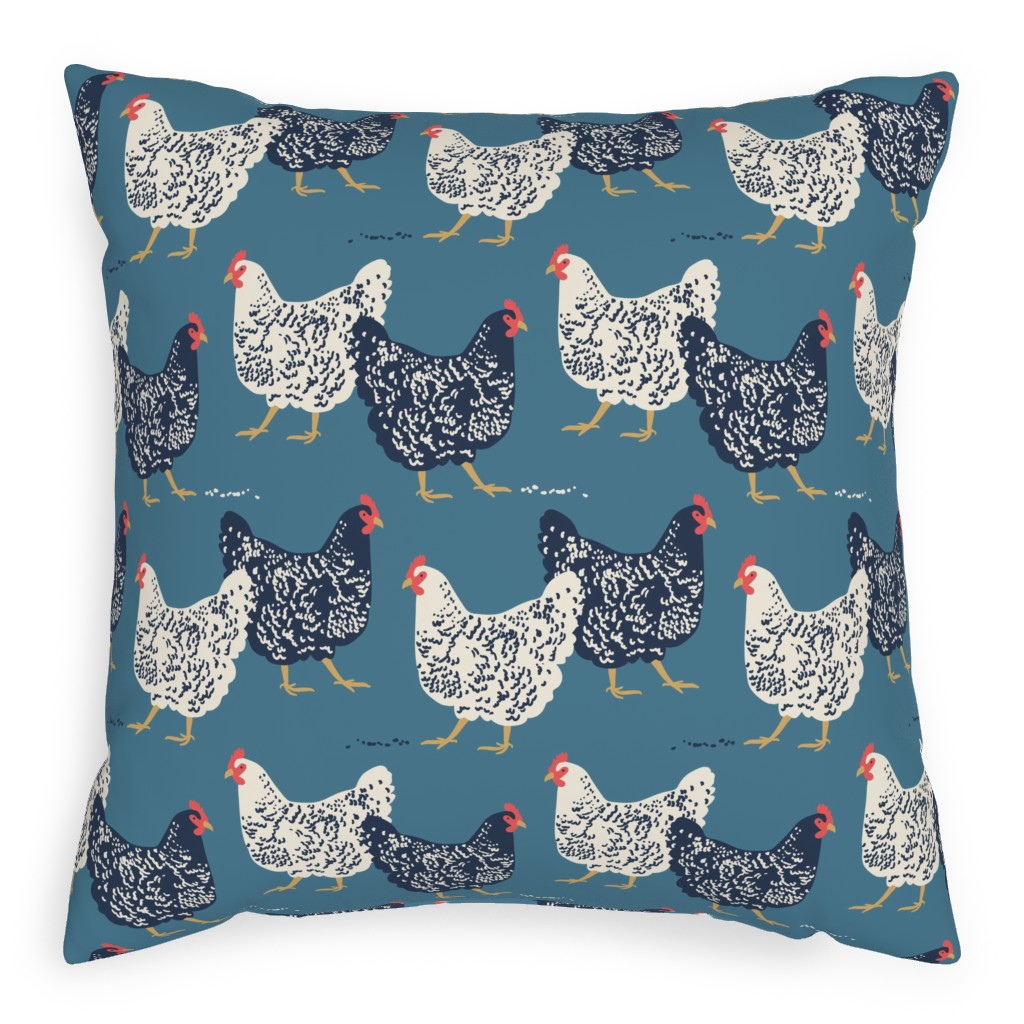 Farmhouse Chickens on Blue Outdoor Pillow, 20x20, Single Sided, Blue