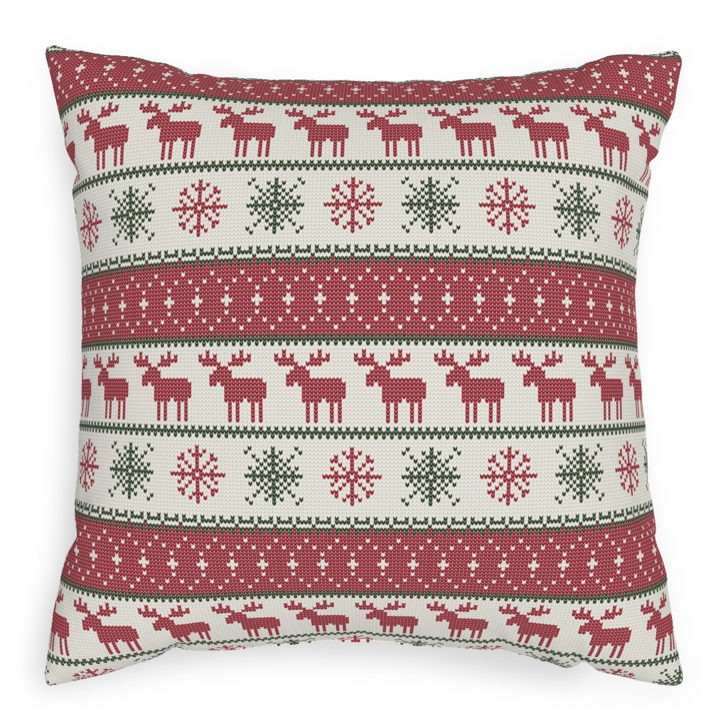 Fair Isle Moose - Red, Green and Cream Outdoor Pillow, 20x20, Single Sided, Multicolor