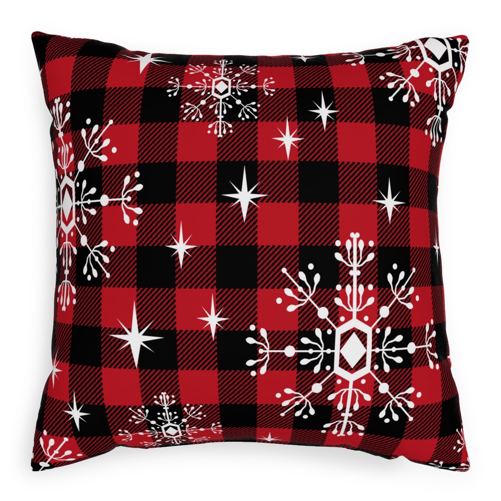 Buffalo Plaid Snowflakes Outdoor Pillow, 20x20, Single Sided, Red