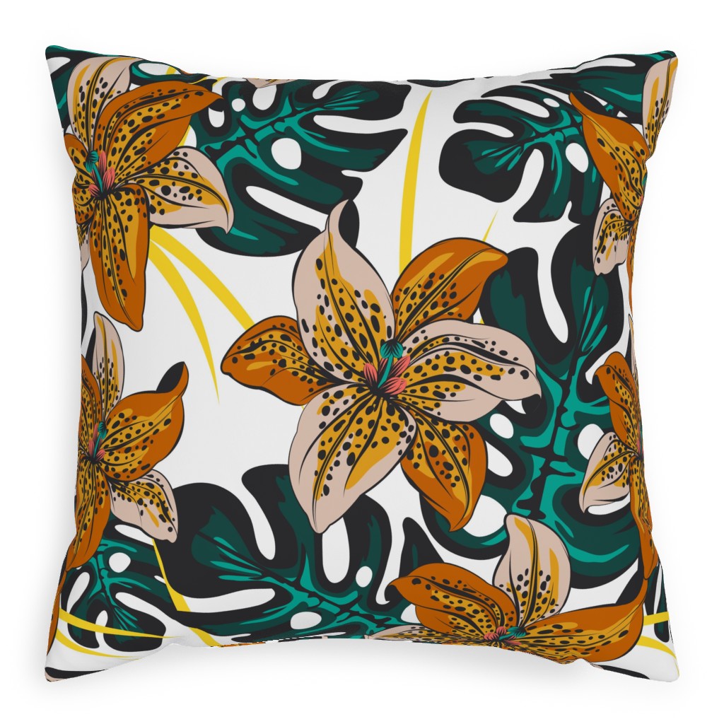 Tropical Lily on White Outdoor Pillow, 20x20, Double Sided, Multicolor