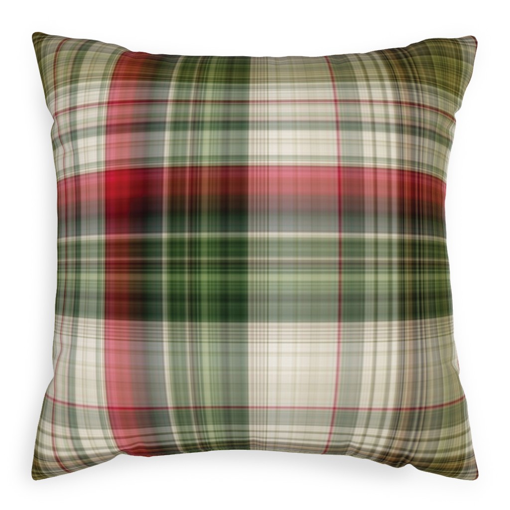 Christmas Plaid - Green, White and Red Outdoor Pillow, 20x20, Double Sided, Green