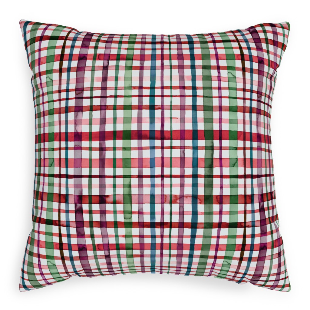 Watercolor Gingham - Red and Green Outdoor Pillow, 20x20, Double Sided, Multicolor